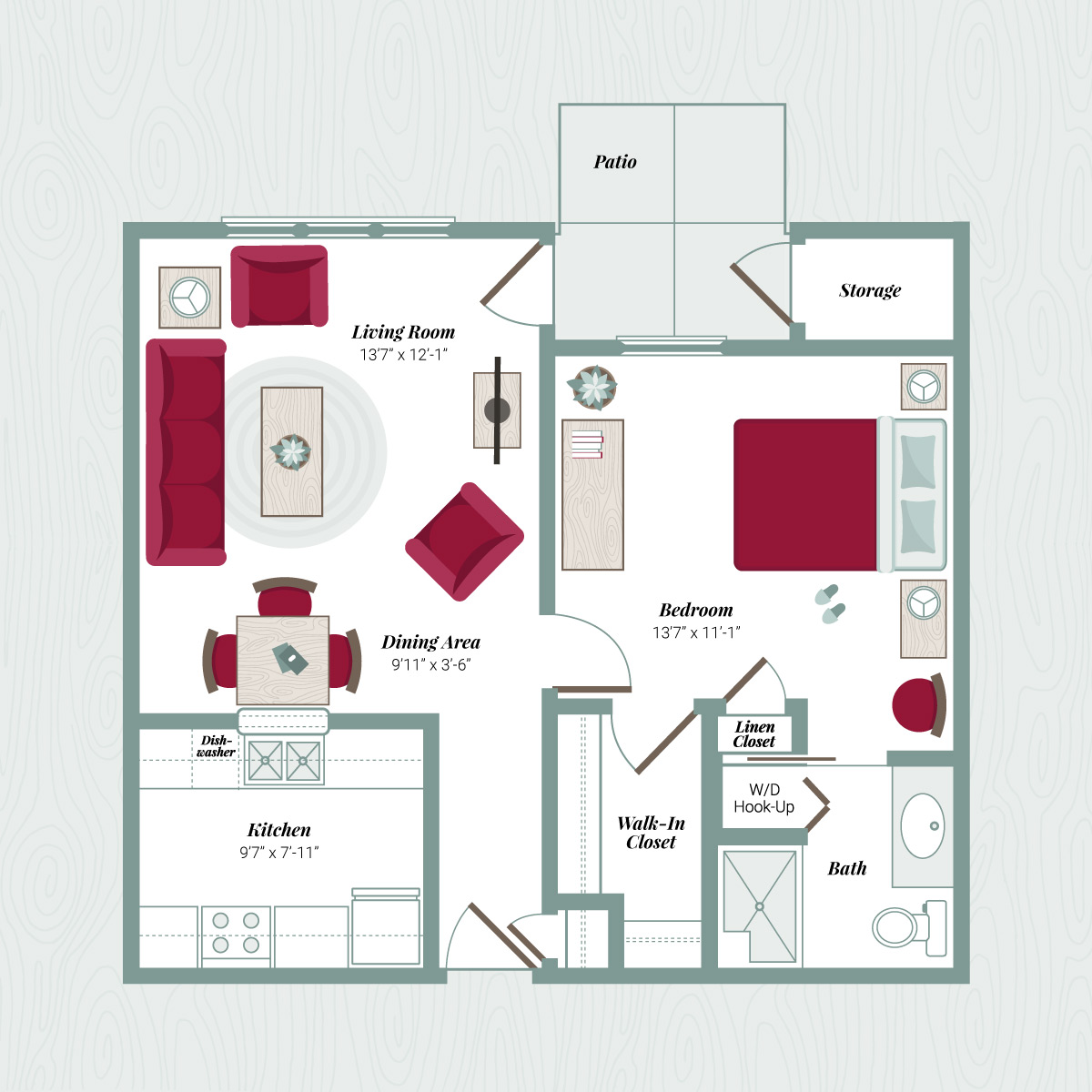 Floor Plan E - 1 Bedroom Apartment